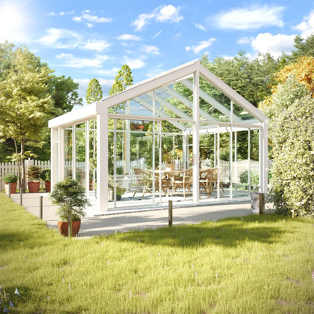 Frittstående hagestue i glass og hvit aluminium